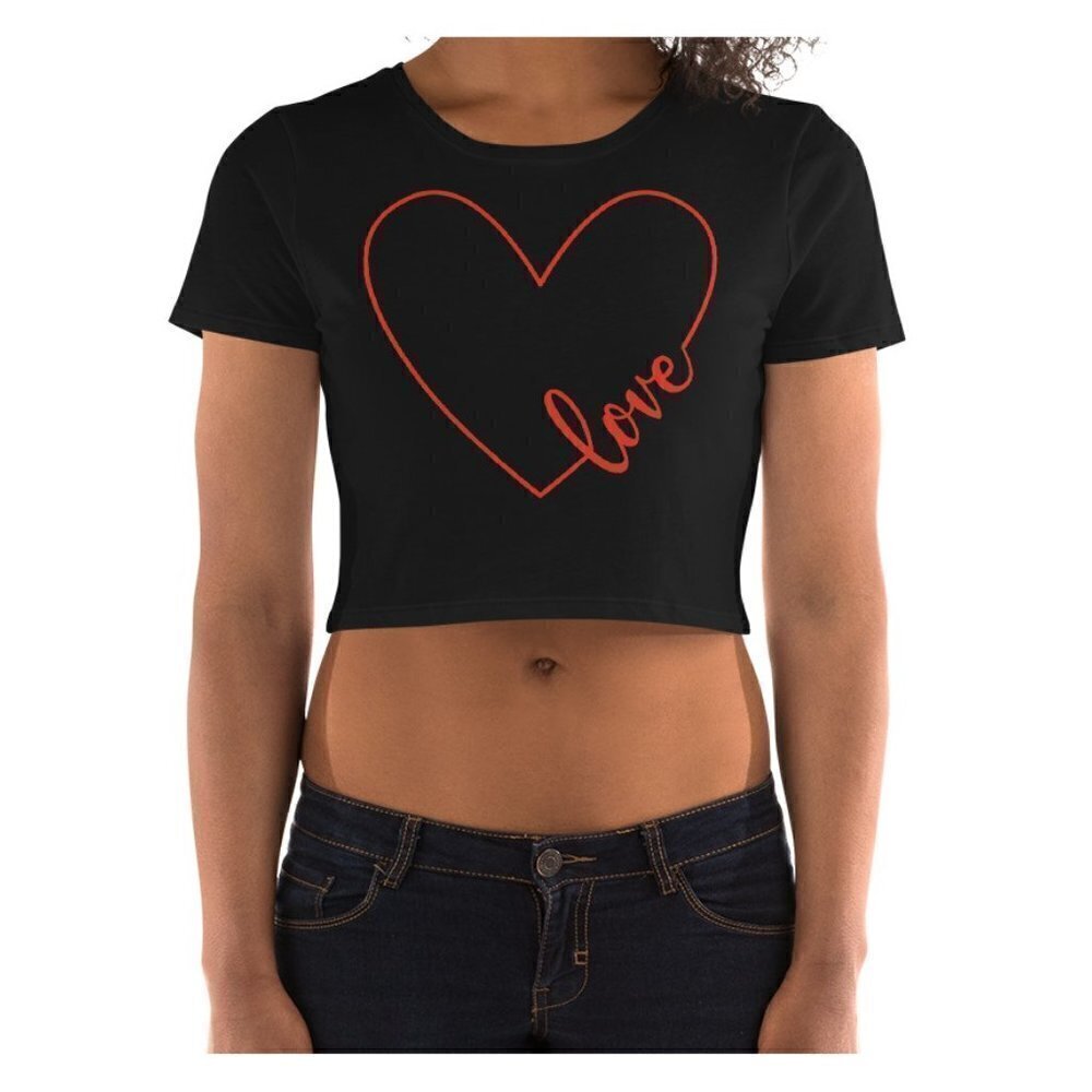 Bella Canvas Crop T-Shirt Love Heart Graphic Black & Red Women's Girl's Petite M